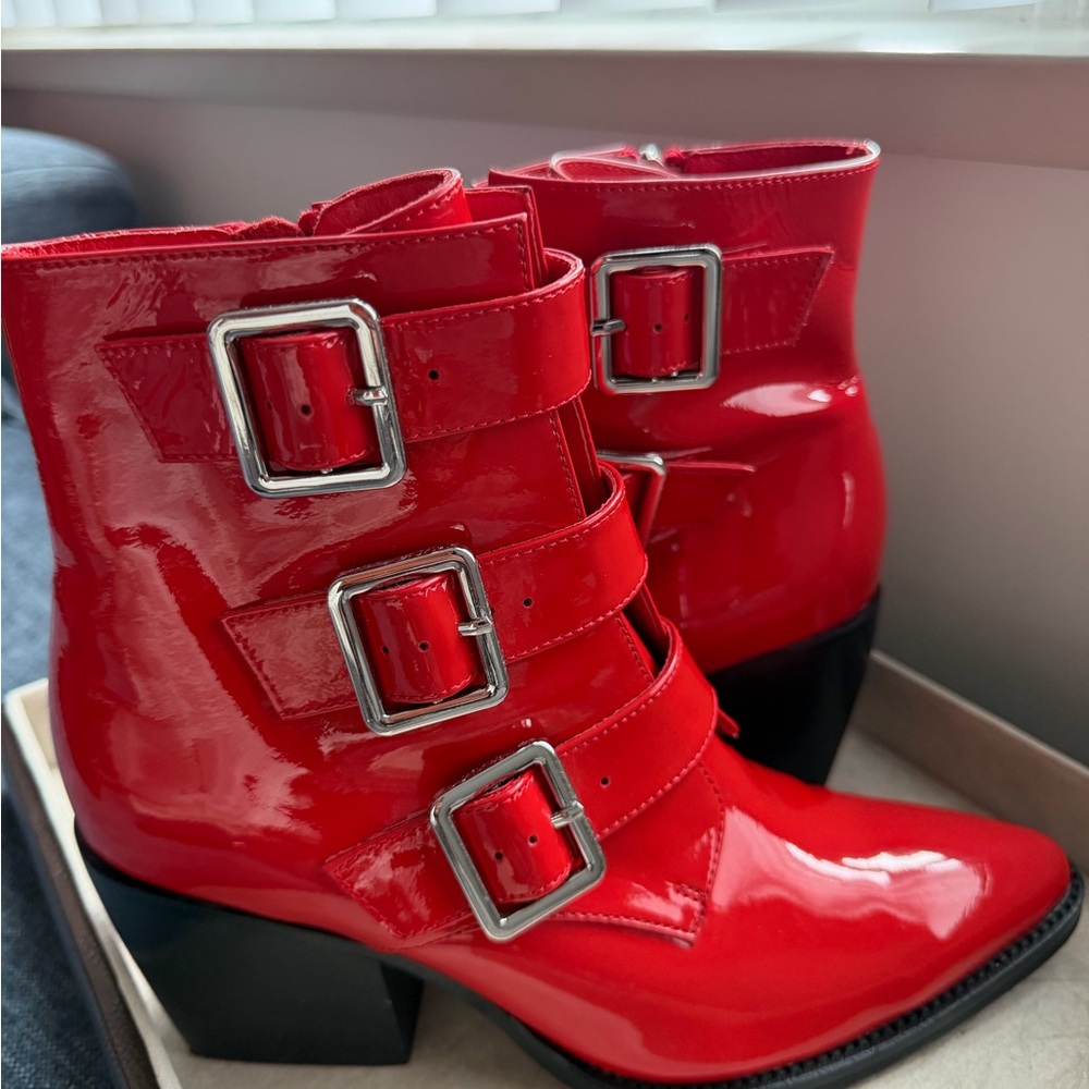 Django & Juliette Marzena Buckled Red Patent Leather Ankle Boots - Picture 13 of 16